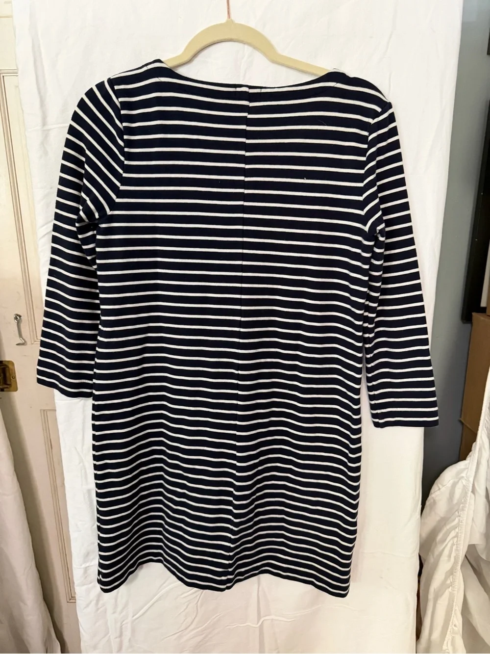 J. Crew Navy and White Striped Long Sleeve Shift Dress